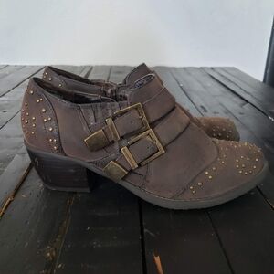 Ruff Hewn Women's 7 Brown Leather Booties Heeled Nadine Studded Buckle Boho Shoe